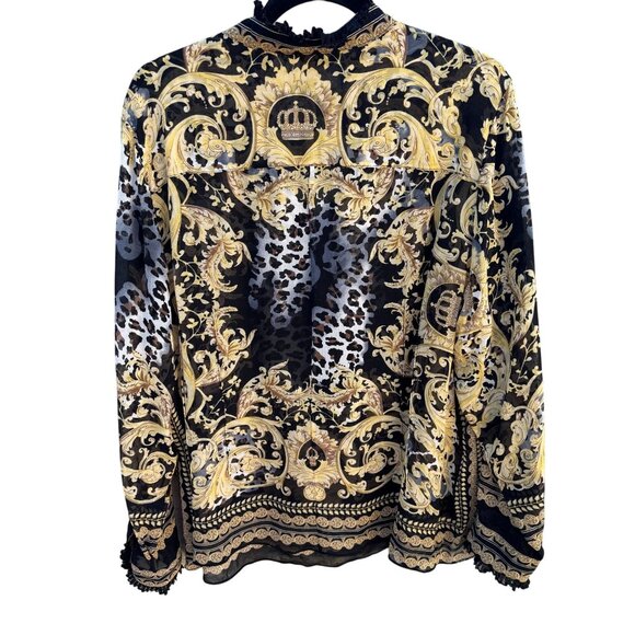 ECI New York Womens Ruffle Trim Black Gold Baroque Glam Leopard Print Blouse 2X - Picture 4 of 9